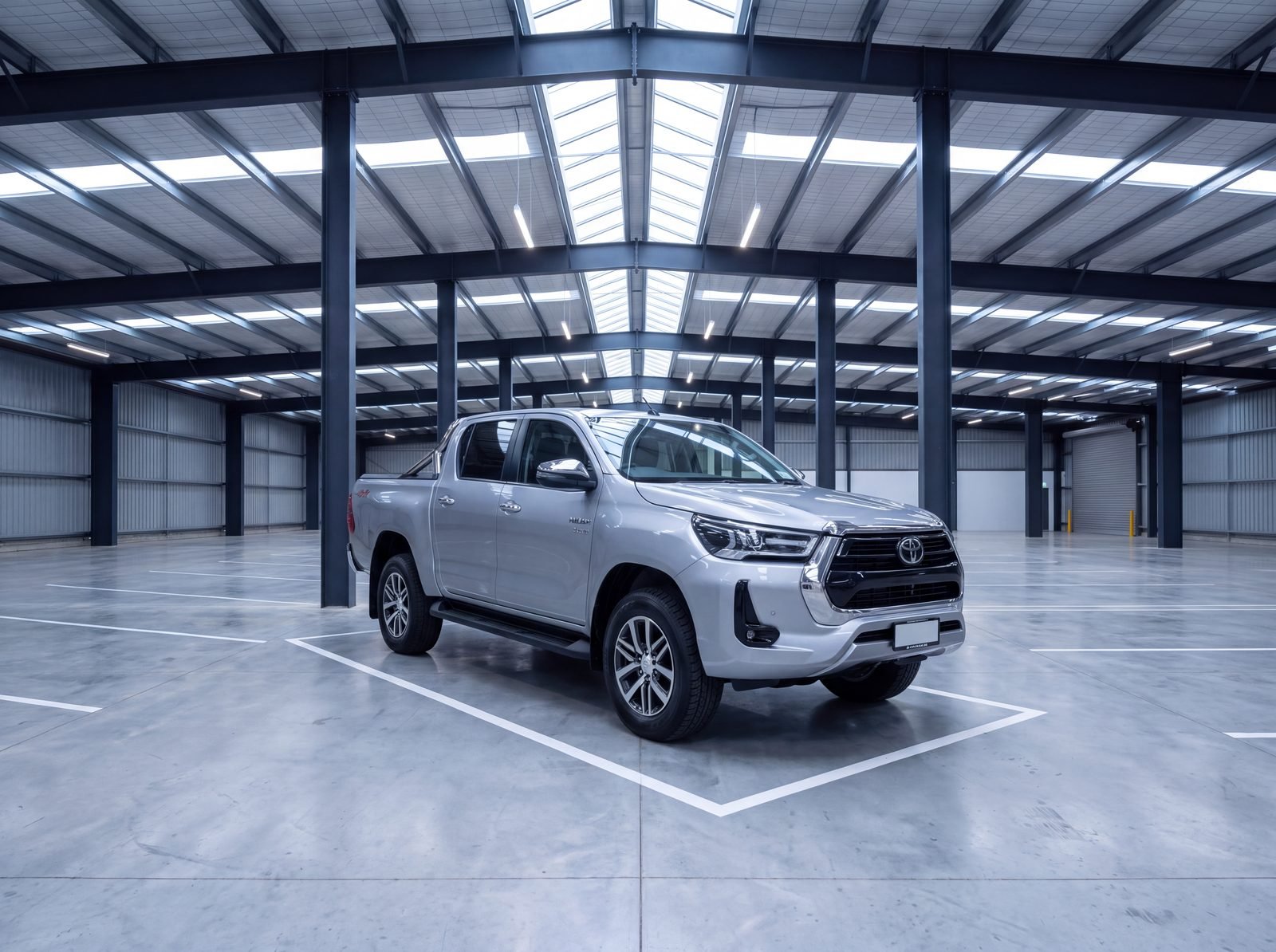 Silver Toyota Hilux SR5 in a warehouse bay