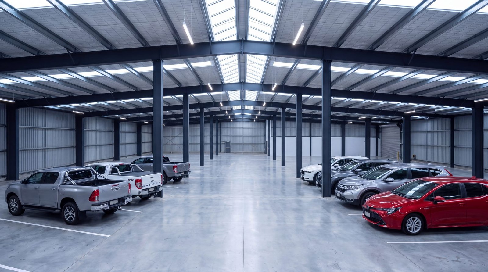 Rows of Hilux, Ranger, CX-5, CR-V and RAV4 in the warehouse